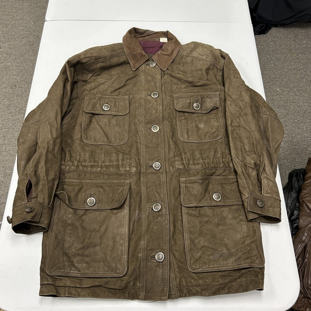 Timberland Field Jacket Mens M Brown Leather Weathergear Corduroy Collar Utility